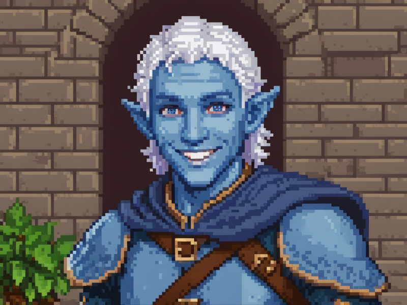 31073233-4284664429-pixelart of a handsome elf young man with (blue skin_1.2), a young thief, smile, cinematic film still, from Dungeons & Dragons,.png